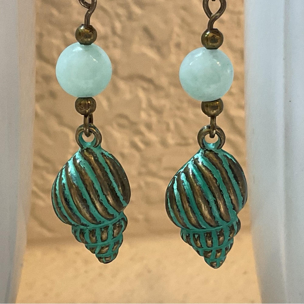Genuine Aqua Marine Stone Bead and Brass Shell Earrings